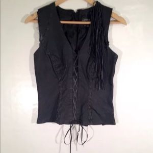 Vintage Black Leather Biker Vest Fringe Bodice S M